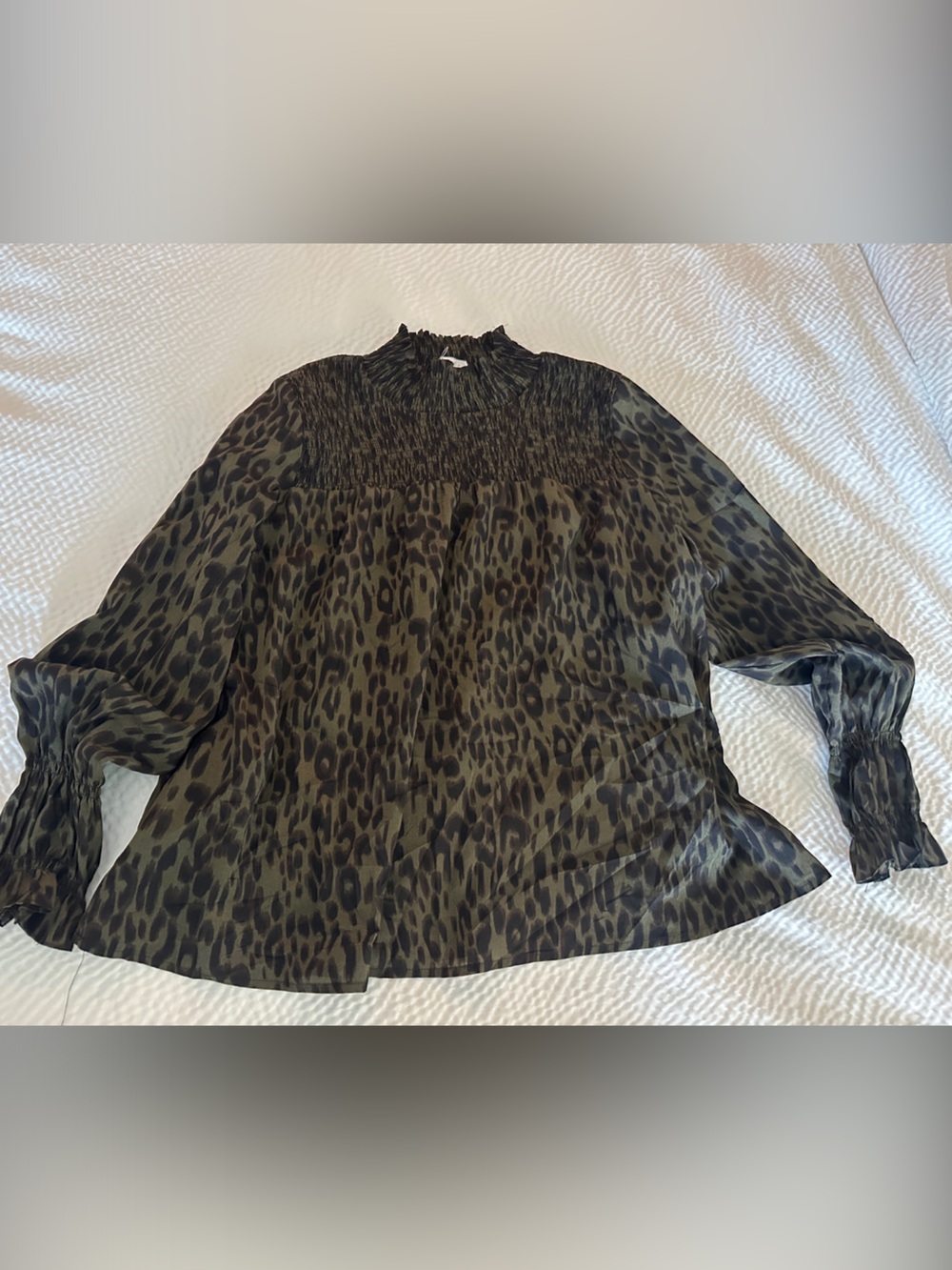 THML Olive and Black Leopard Smocked Yoke Long Sleeve Blouse